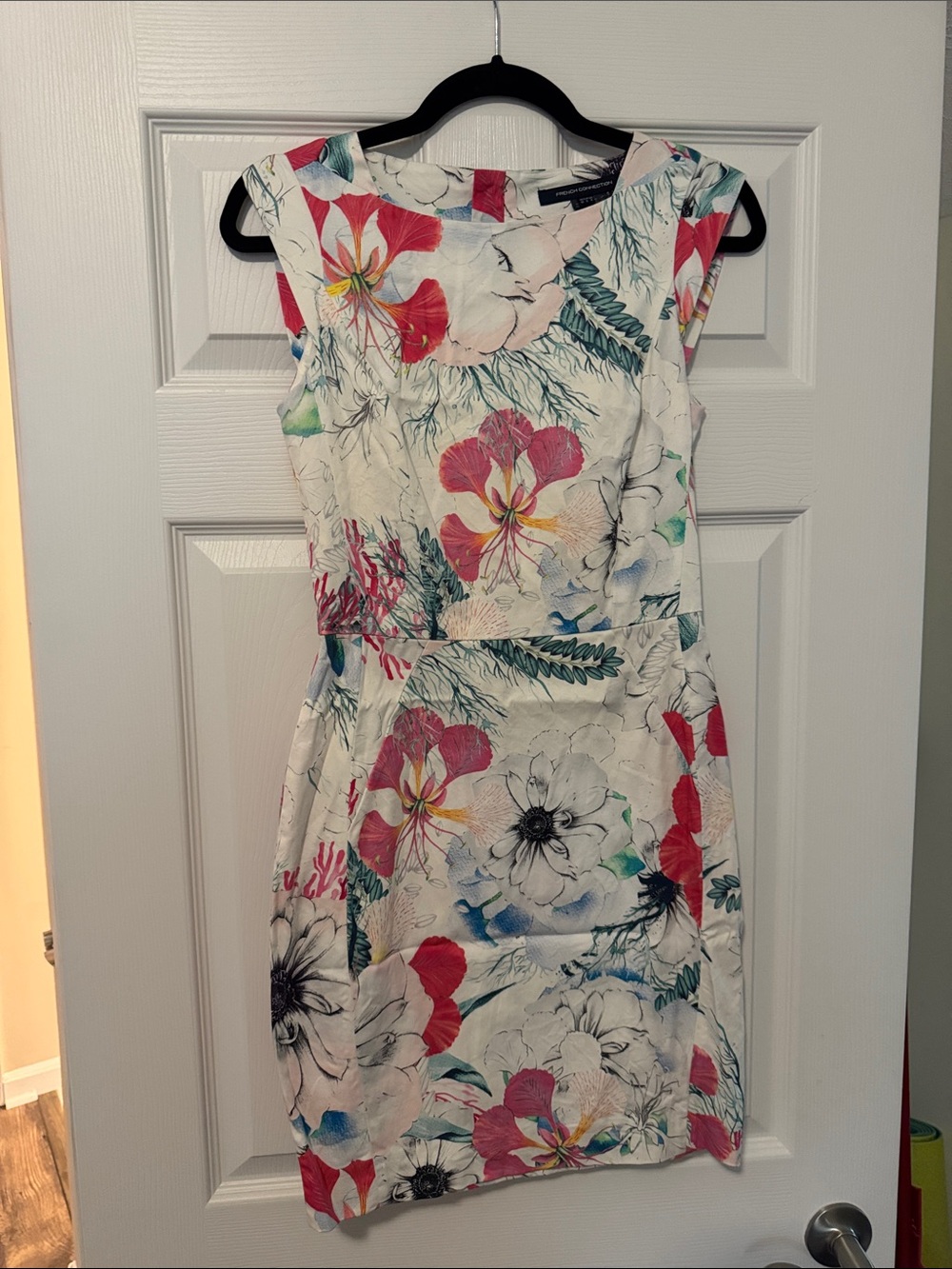 French Connection Floral Sleeveless Sheath Dress - White with Pink & Green